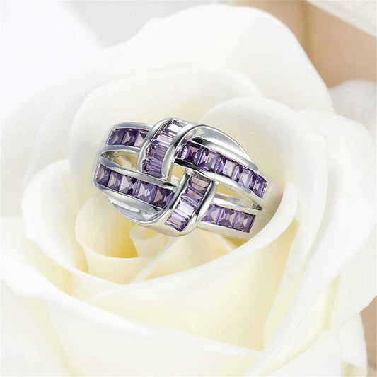 Purple Crystal & Silvertone Knot Ring