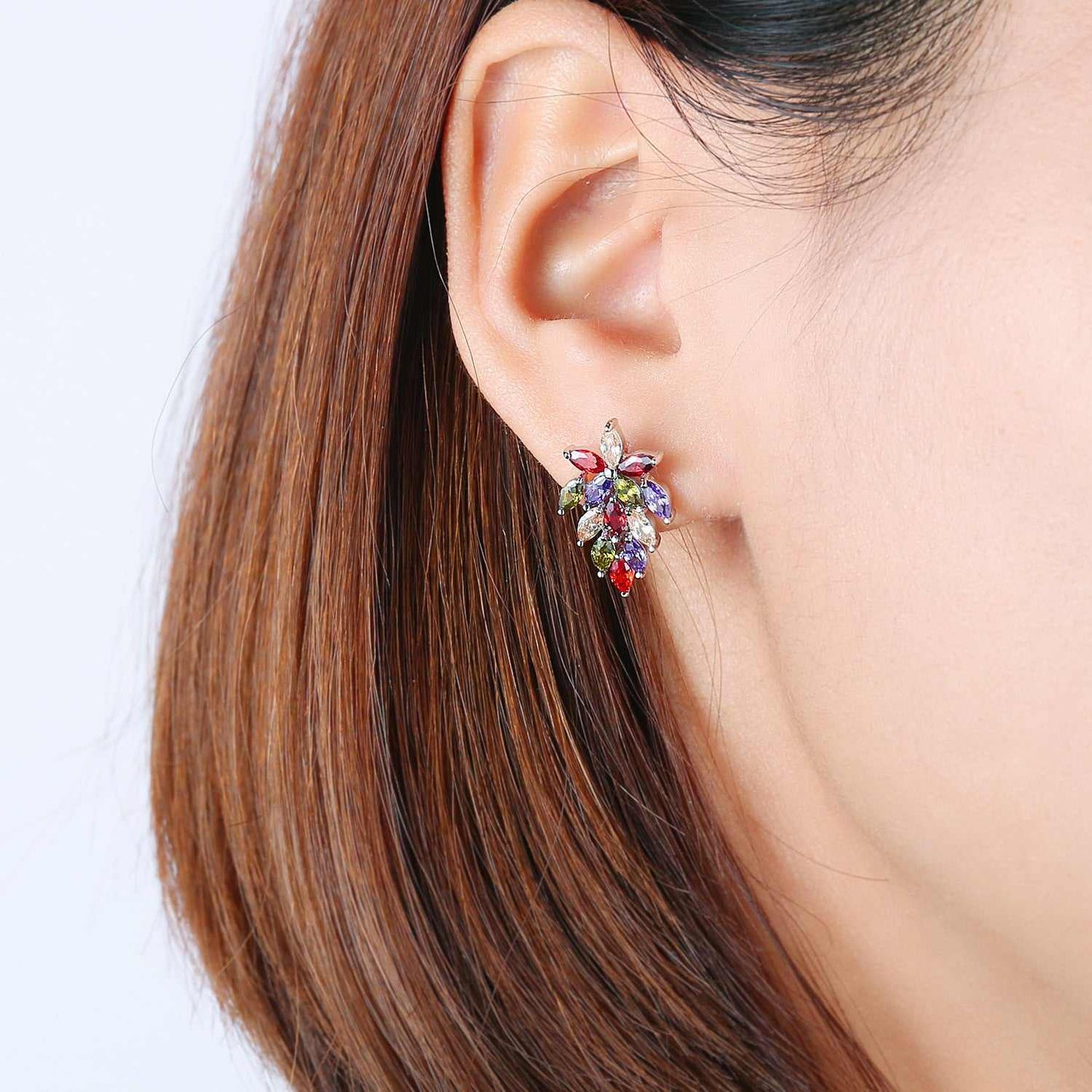 Multi-colored Crystal & Silvertone Flower Cluster Dangle Earrings