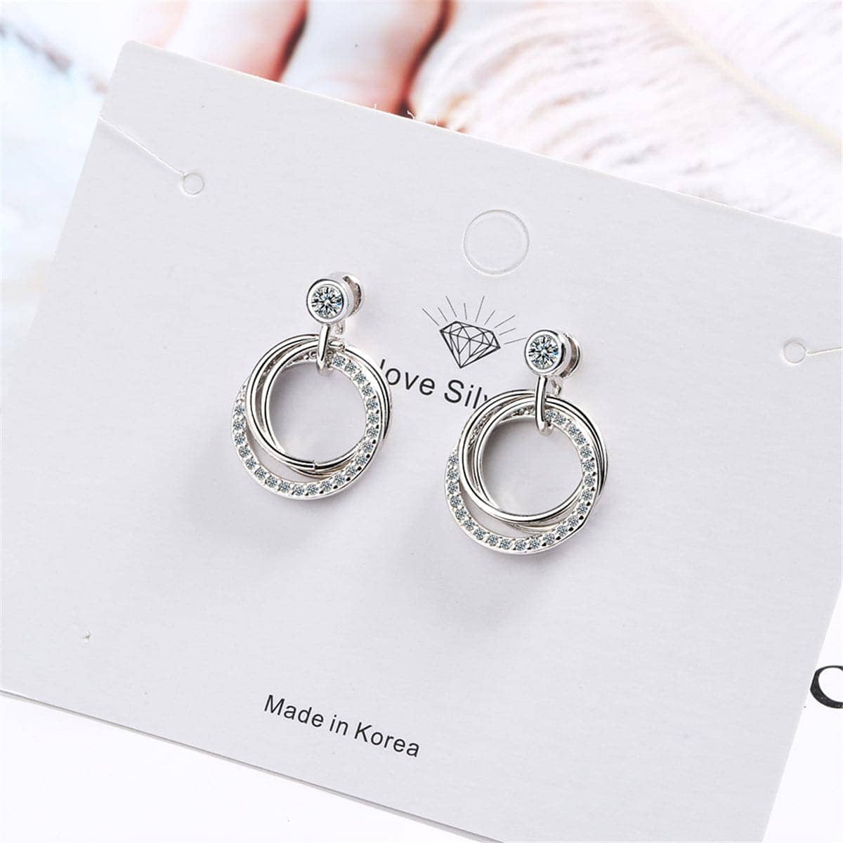 Cubic Zirconia & Silvertone Triple Circle Drop Earrings