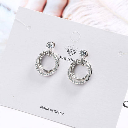 Cubic Zirconia & Silvertone Triple Circle Drop Earrings