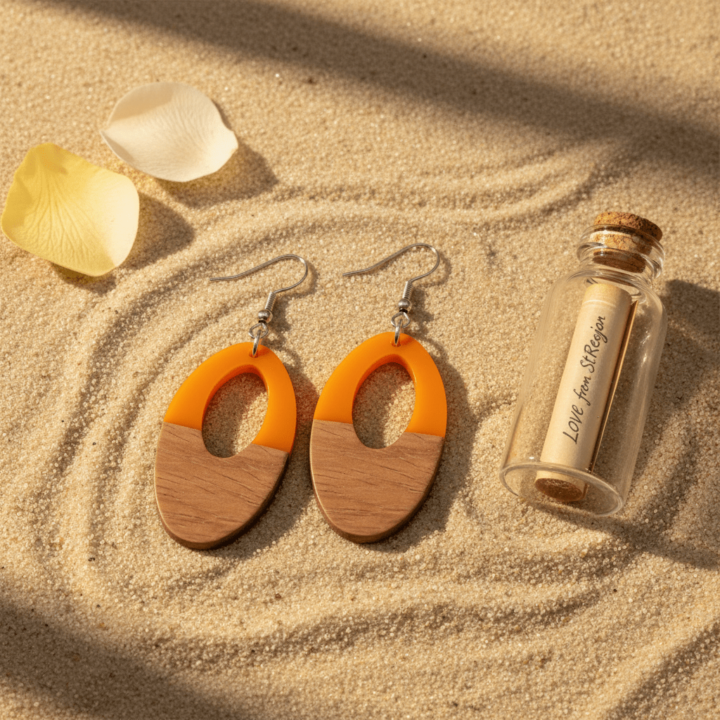 Orange Resin & Wood Silvertone Open Oval Hook Earrings
