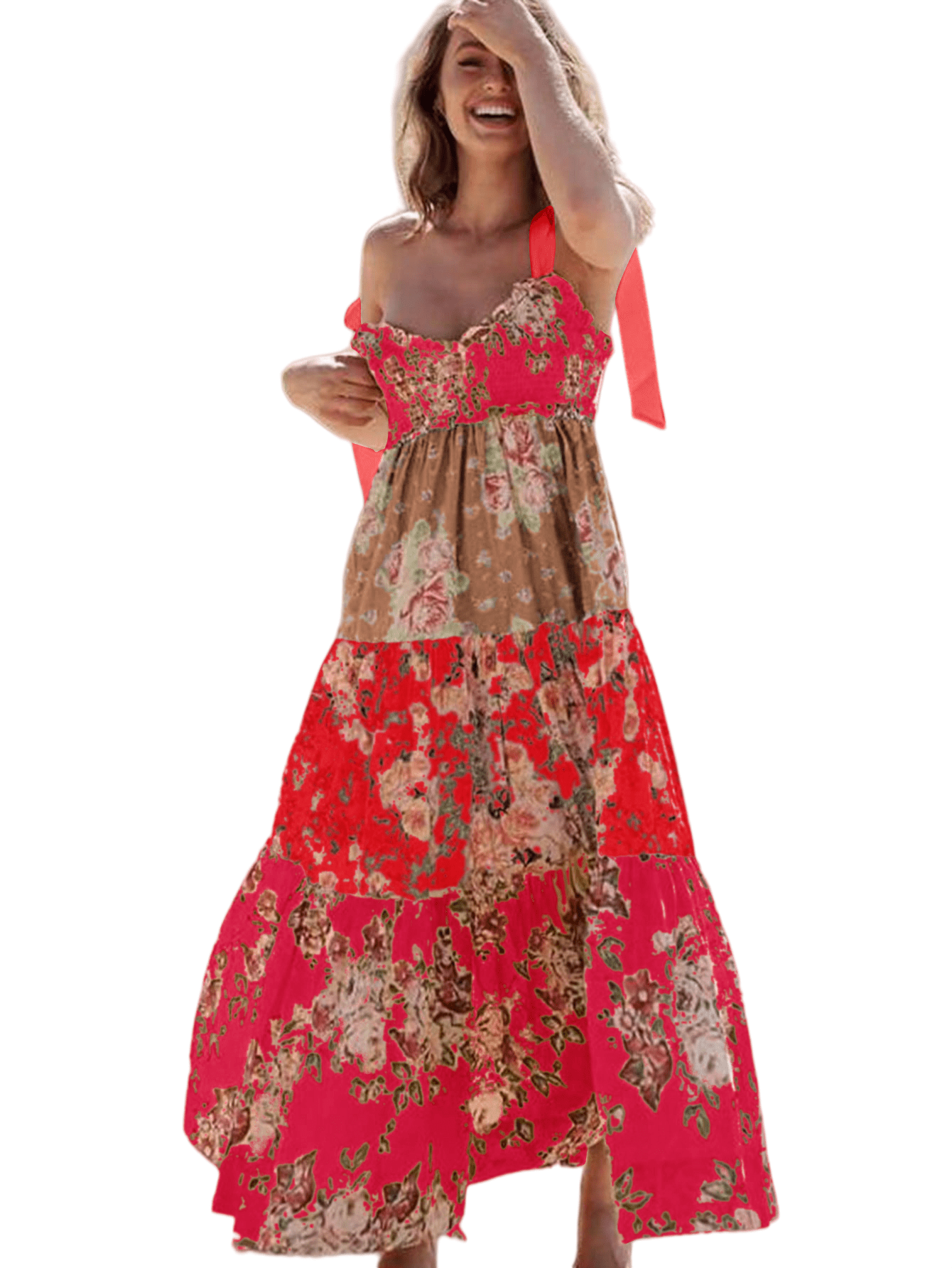 Chic YC Women's Floral Print Tiered Maxi Tie Shoulder Ruffle Hem Flowy Dress Red / Small