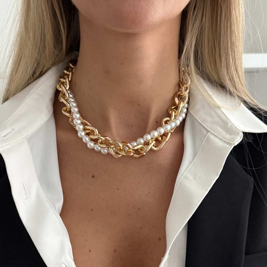 Pearl & Goldtone Curb Chain Layered Collar Necklace