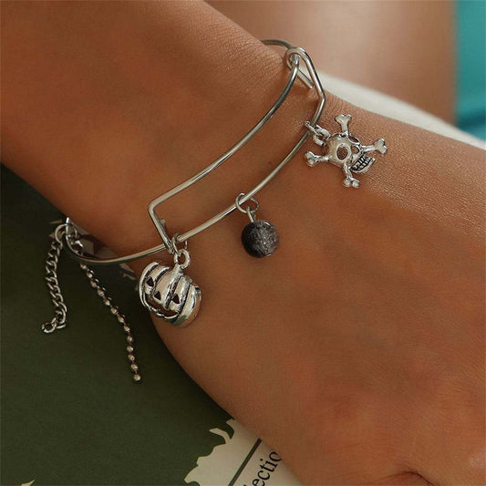 Black Glass & Silvertone Pumpkin Skull Charm Adjustable Bangle