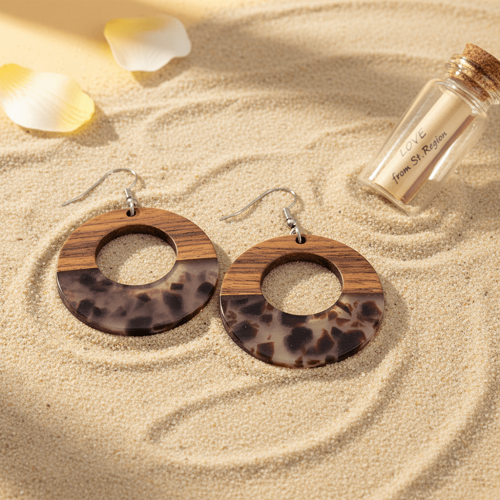 Brown Resin & Wood Silvertone Leopard Print Open Round Hook Earrings