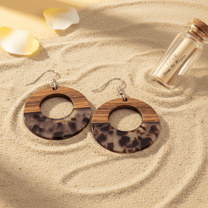 Brown Resin & Wood Silvertone Leopard Print Open Round Hook Earrings