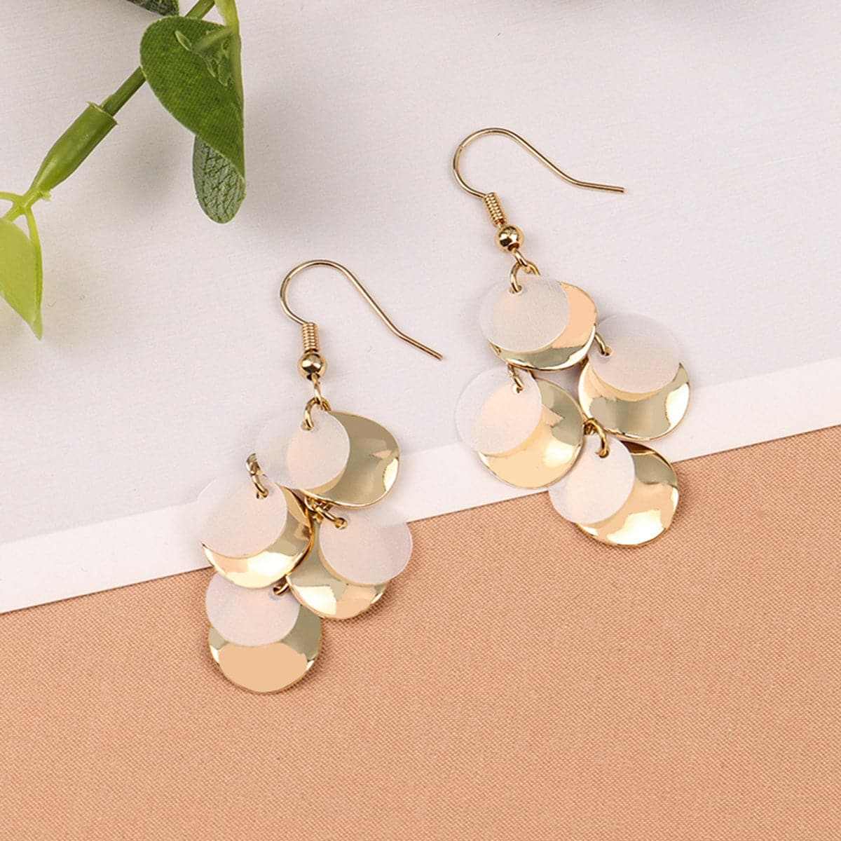 White Sequin & Goldtone Drop Earrings