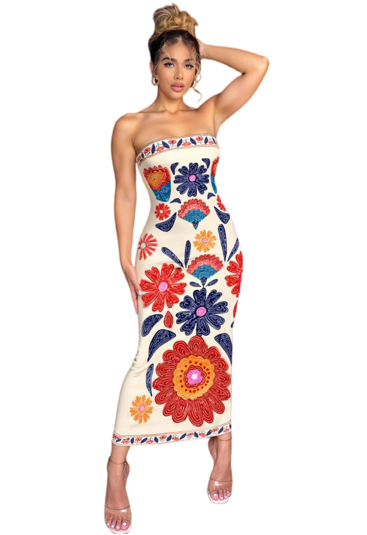Chic YC Women's Strapless Floral Embroidered Bodycon Midi Dress Boho Summer Party Dress Multicolor / S