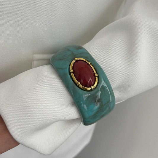 Teal Resin & Goldtone Oval Bangle Bracelet
