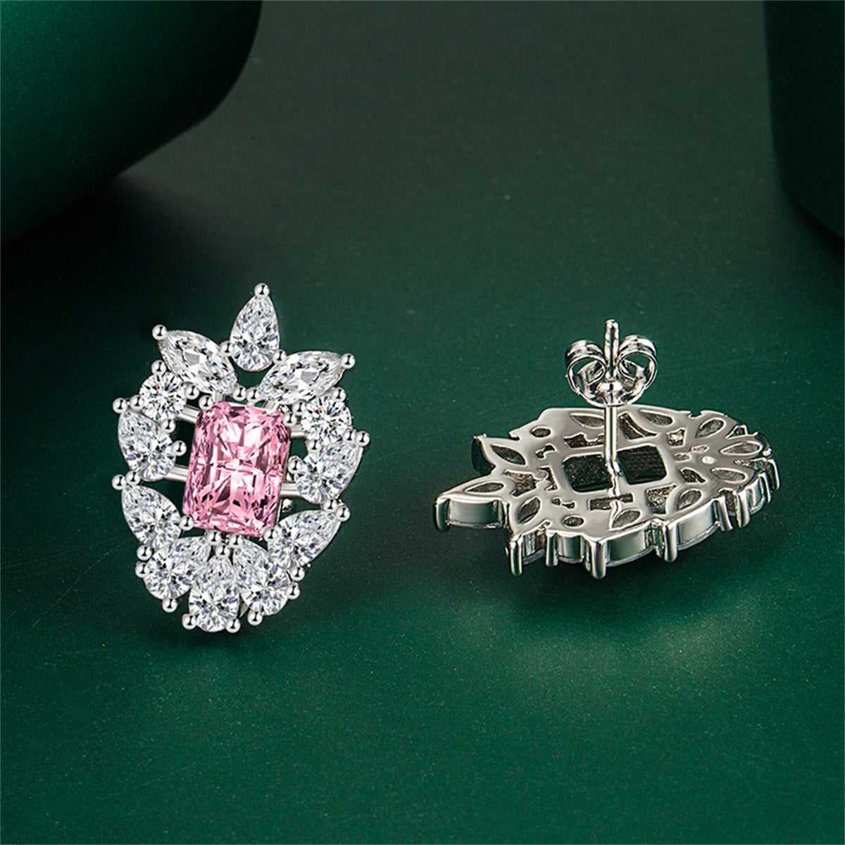Pink Crystal & Cubic Zirconia Cluster Stud Earrings