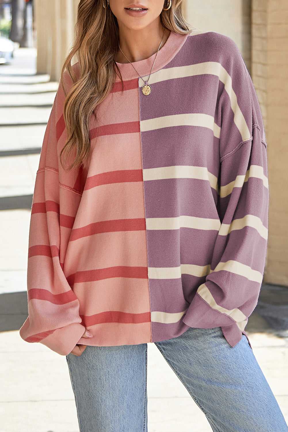 Araya Stripe Oversized Sweater - Pink Stripe / M - 8/10