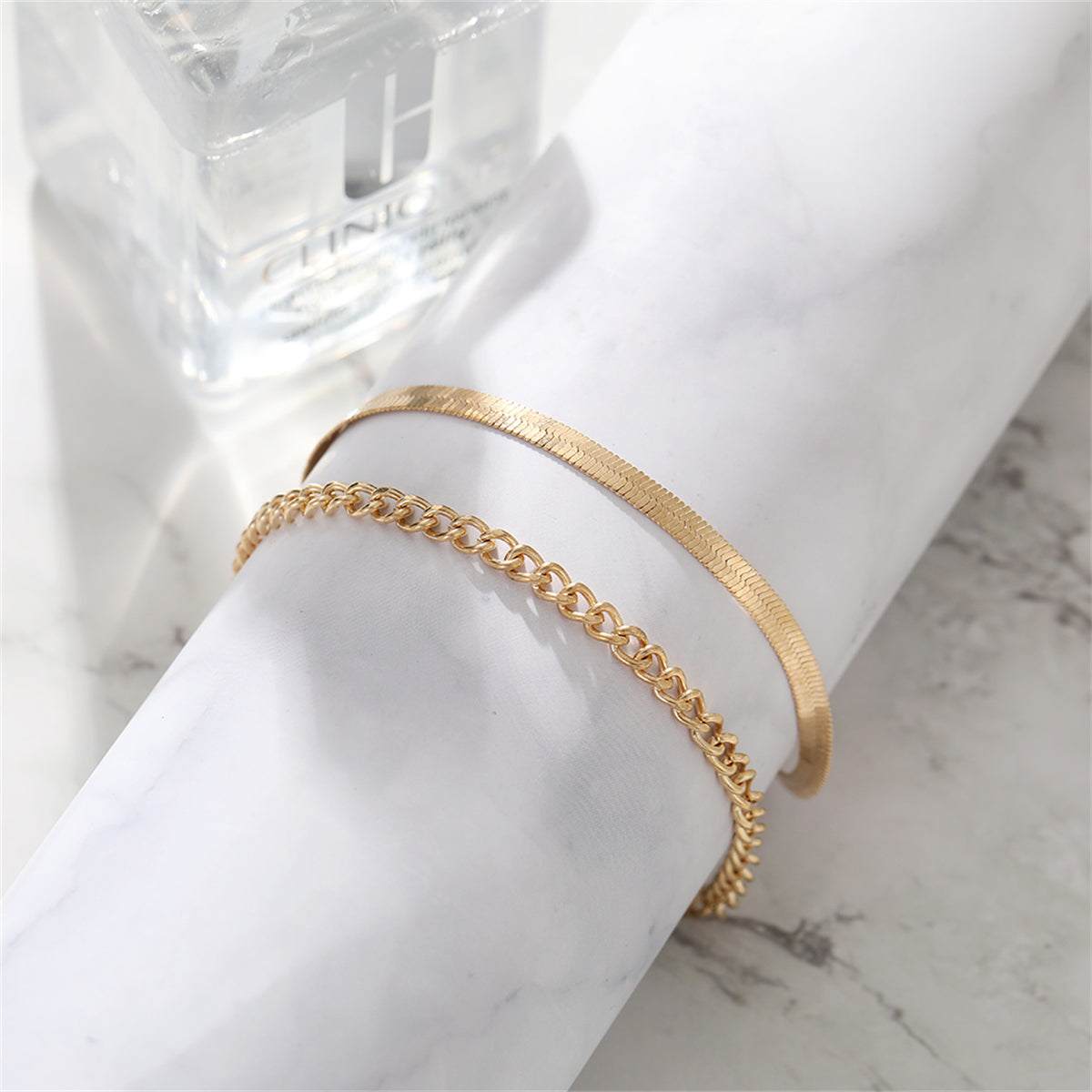Goldtone Herringbone Chain Anklet & Curb Chain Anklet