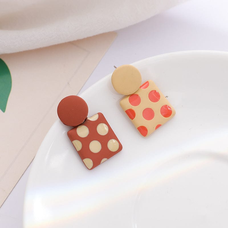 Coffee Enamel & Silvertone Spot Square Drop Earrings