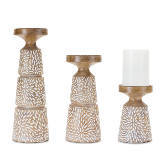 Melrose International Etched Candle Holder with Wood Grain Design (Set of 3)