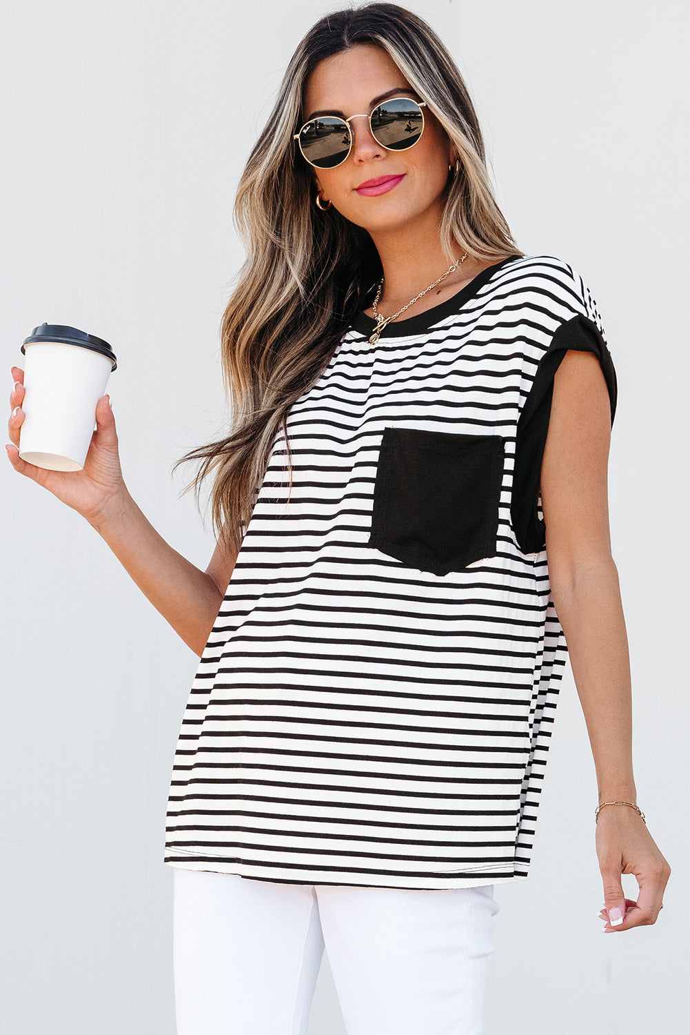 Threaded Pear Marie Stripe Chest Pocket Tank Top