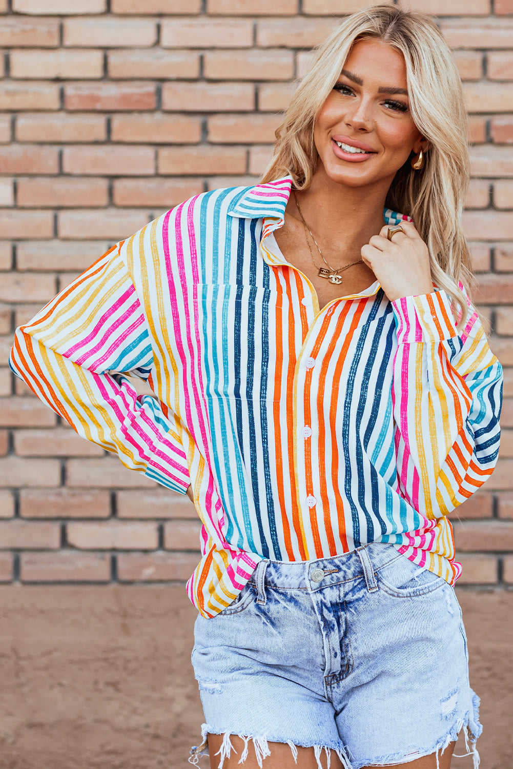 Winter Drop Shoulder Loose Shirt - Orange Stripe / L - 12/14