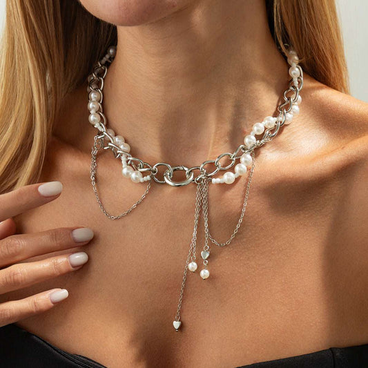 Pearl & Acrylic Silvertone Heart Drop Tassel Necklace
