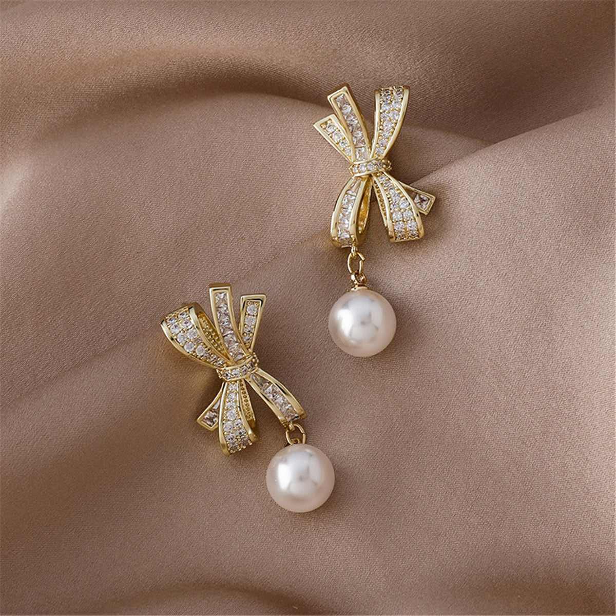 Cubic Zirconia & Pearl Goldtone Bow Dangle Drop Earrings