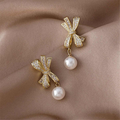 Cubic Zirconia & Pearl Goldtone Bow Dangle Drop Earrings