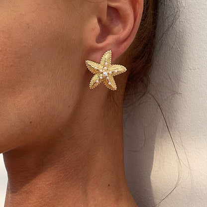 Pearl & Goldtone Textured Starfish Stud Earrings