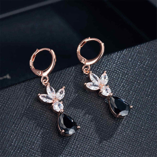 Black Crystal & Rose Goldtone Flower Teardrop Earrings
