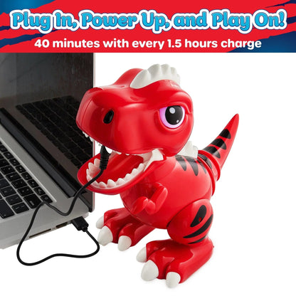 Red robot dino, white remote, and blue, grey and black food.-