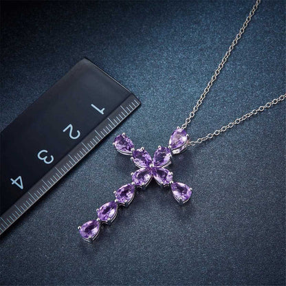 Purple Crystal & Silvertone Pear Cut Cross Pendant Necklace