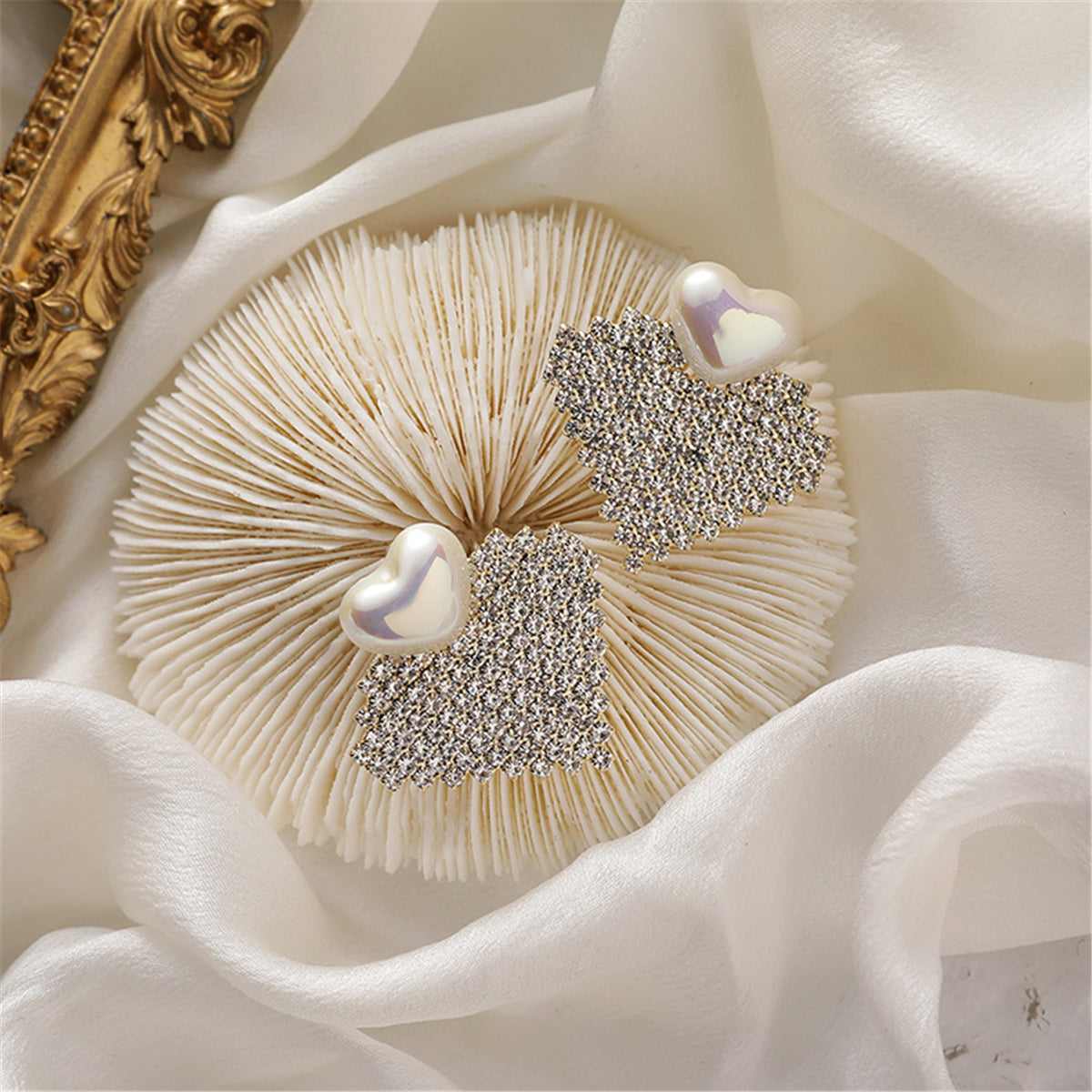 Pearl & Goldtone Cubic Zirconia-Accent Heart Drop Earrings