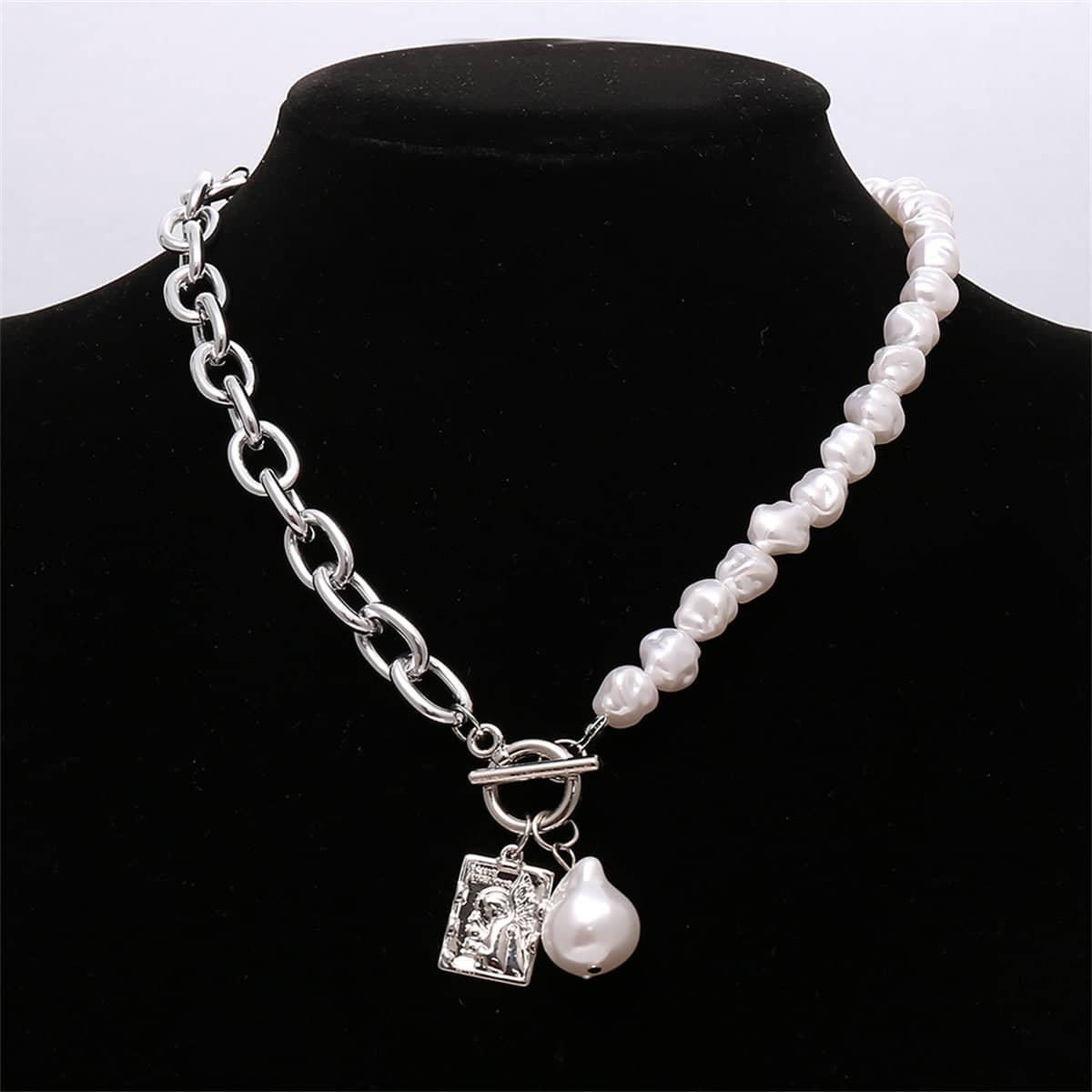 Pearl & Silvertone Chain Toggle Necklace