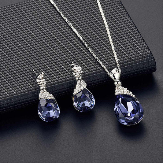 Purple & Silvertone Pear Pendant Necklace & Drop Earrings