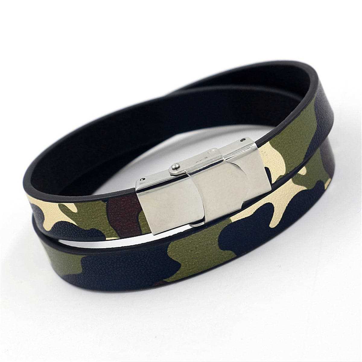 Green Polyurethane & Silvertone Camouflage Polystyrene Bracelet