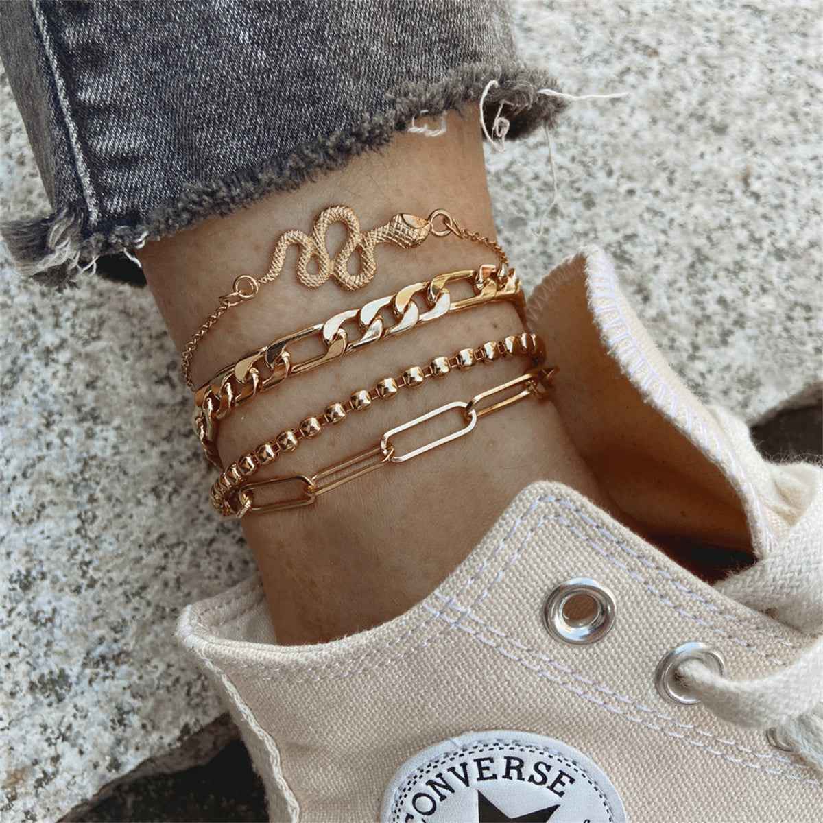 Goldtone Cable Chain Snake Anklet Set