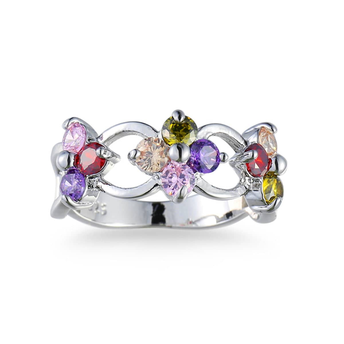 Purple Cubic Zirconia & Silvertone Floral Ring-3