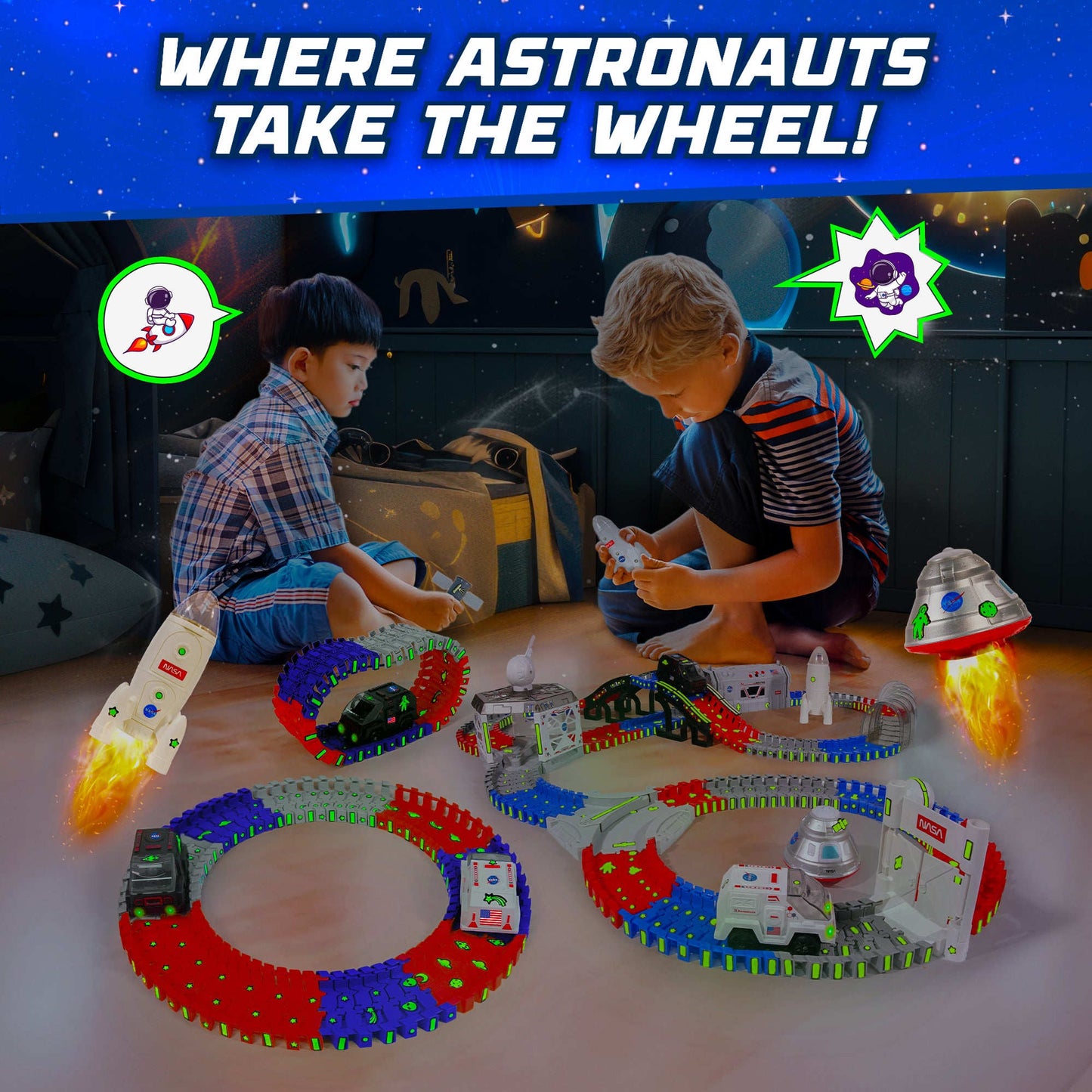 Blue, gray and red tracks, black and gray space toys(cars, tunnel, rocket)-
