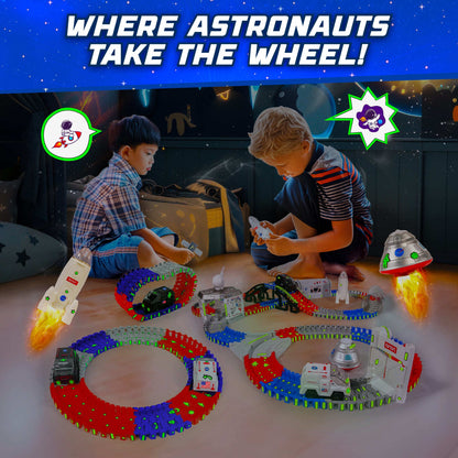 Blue, gray and red tracks, black and gray space toys(cars, tunnel, rocket)-