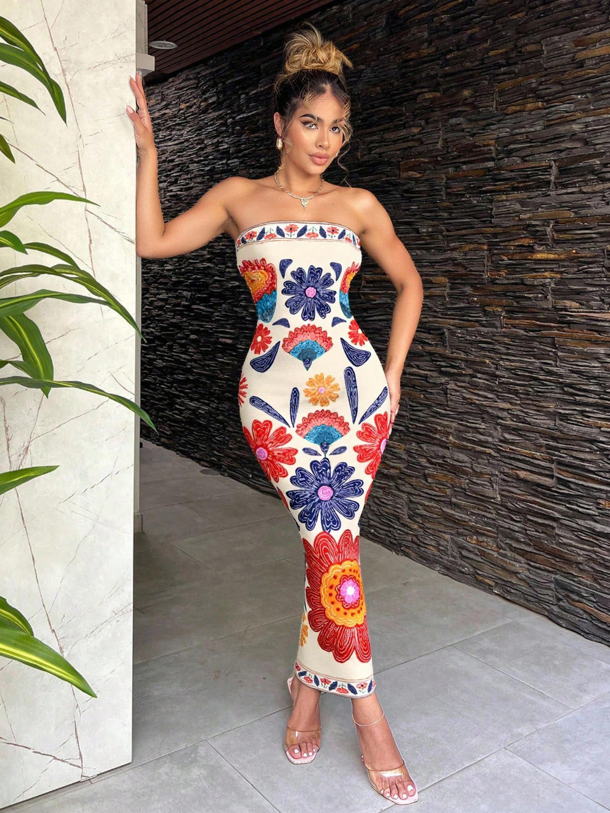 Chic YC Women's Strapless Floral Embroidered Bodycon Midi Dress Boho Summer Party Dress Multicolor / S