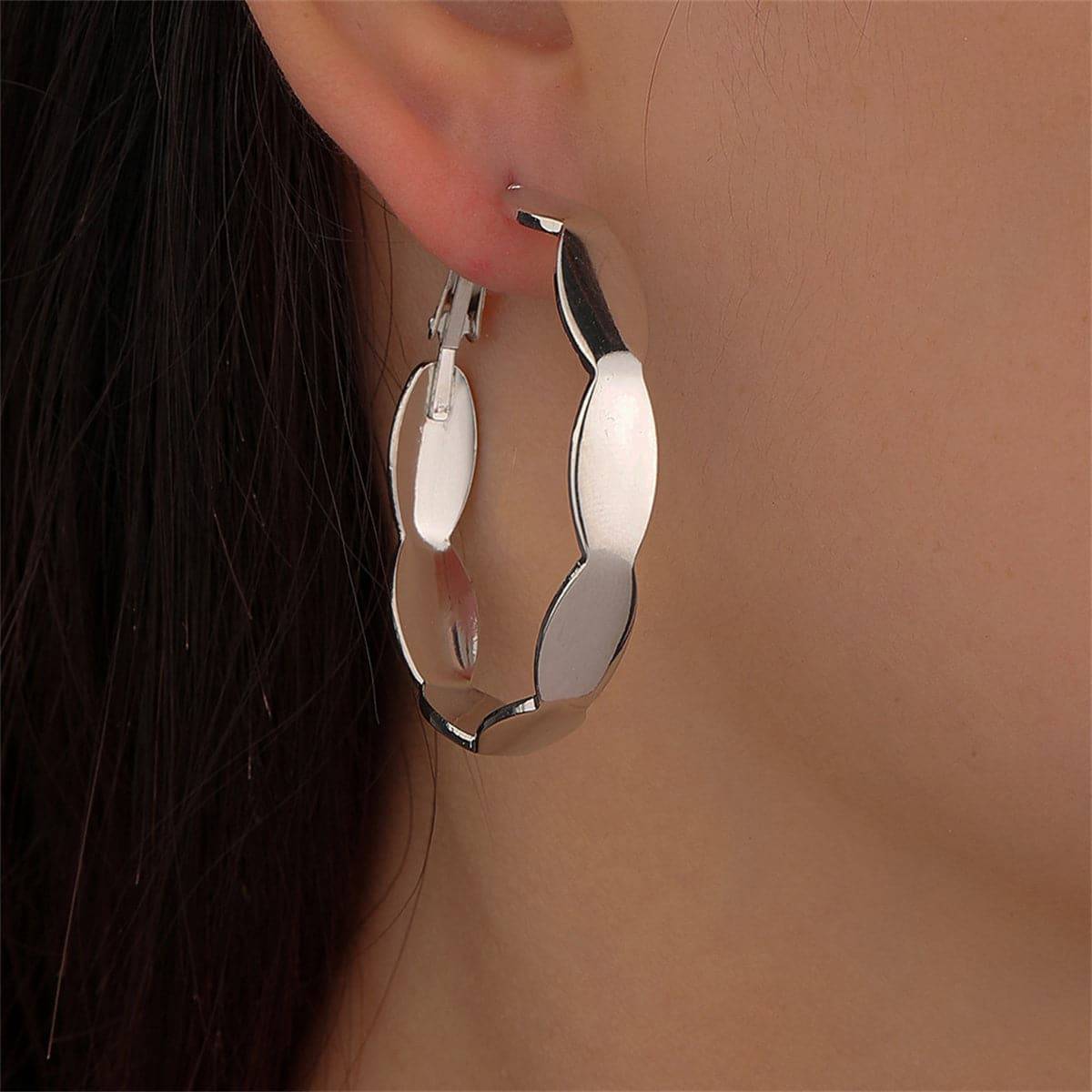 Silvertone Wave Hoop Earrings