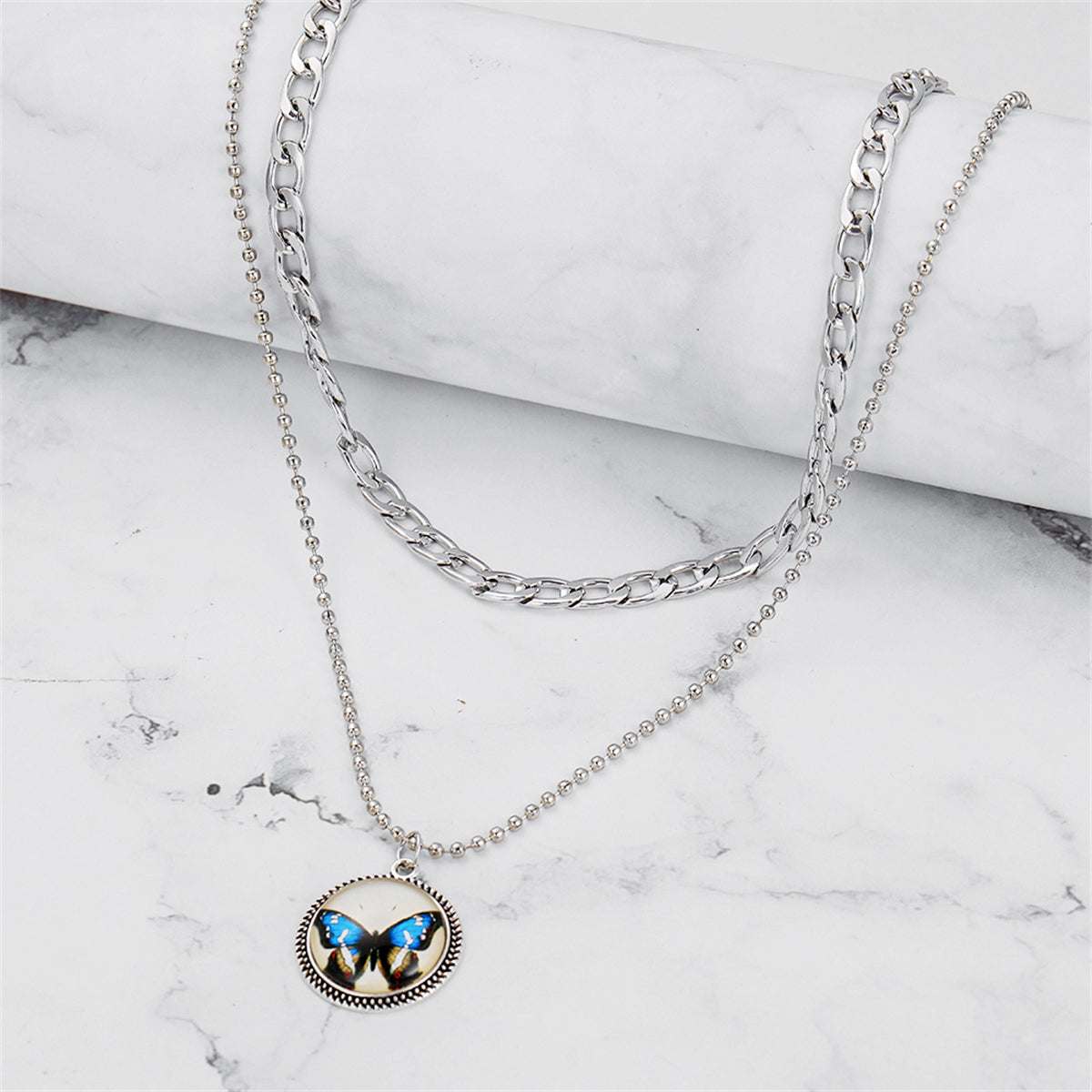 Blue Resin & Silvertone Butterfly Round Layered Pendant Necklace