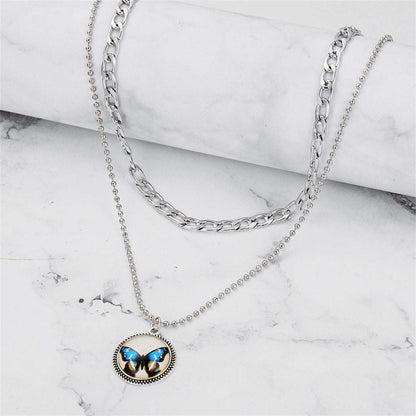 Blue Resin & Silvertone Butterfly Round Layered Pendant Necklace