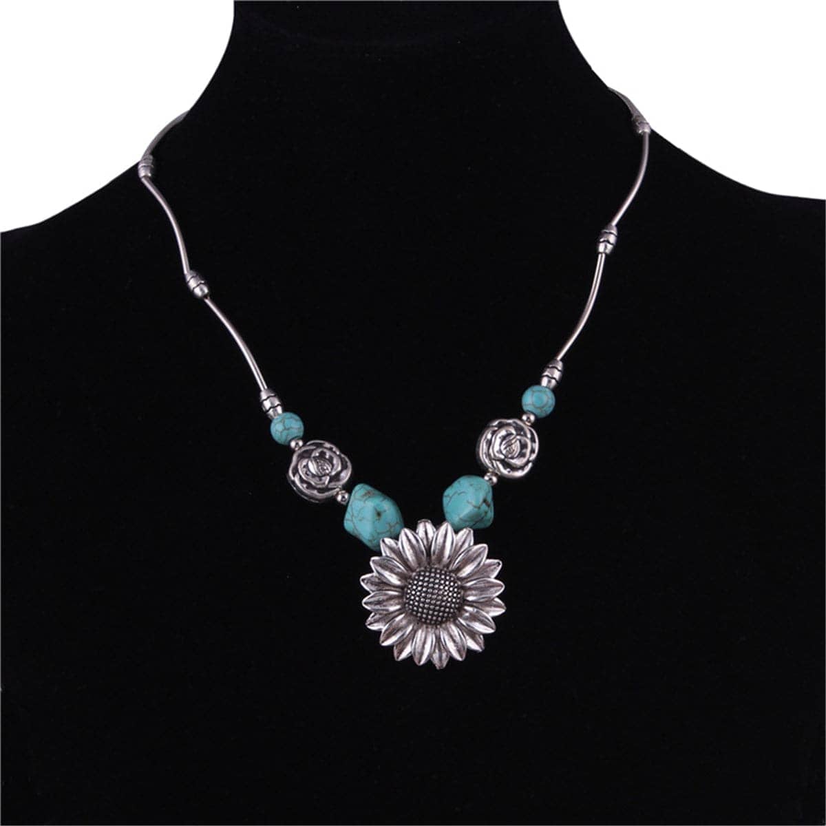 Turquoise & Silvertone Sunflower Pendant Necklace