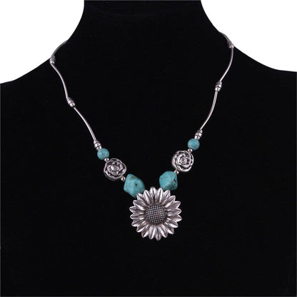 Turquoise & Silvertone Sunflower Pendant Necklace
