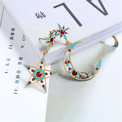Teal & Goldtone Star Moon Asymmetrical Drop Earrings