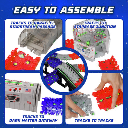 Blue, gray and red tracks, black and gray space toys(cars, tunnel, rocket)-