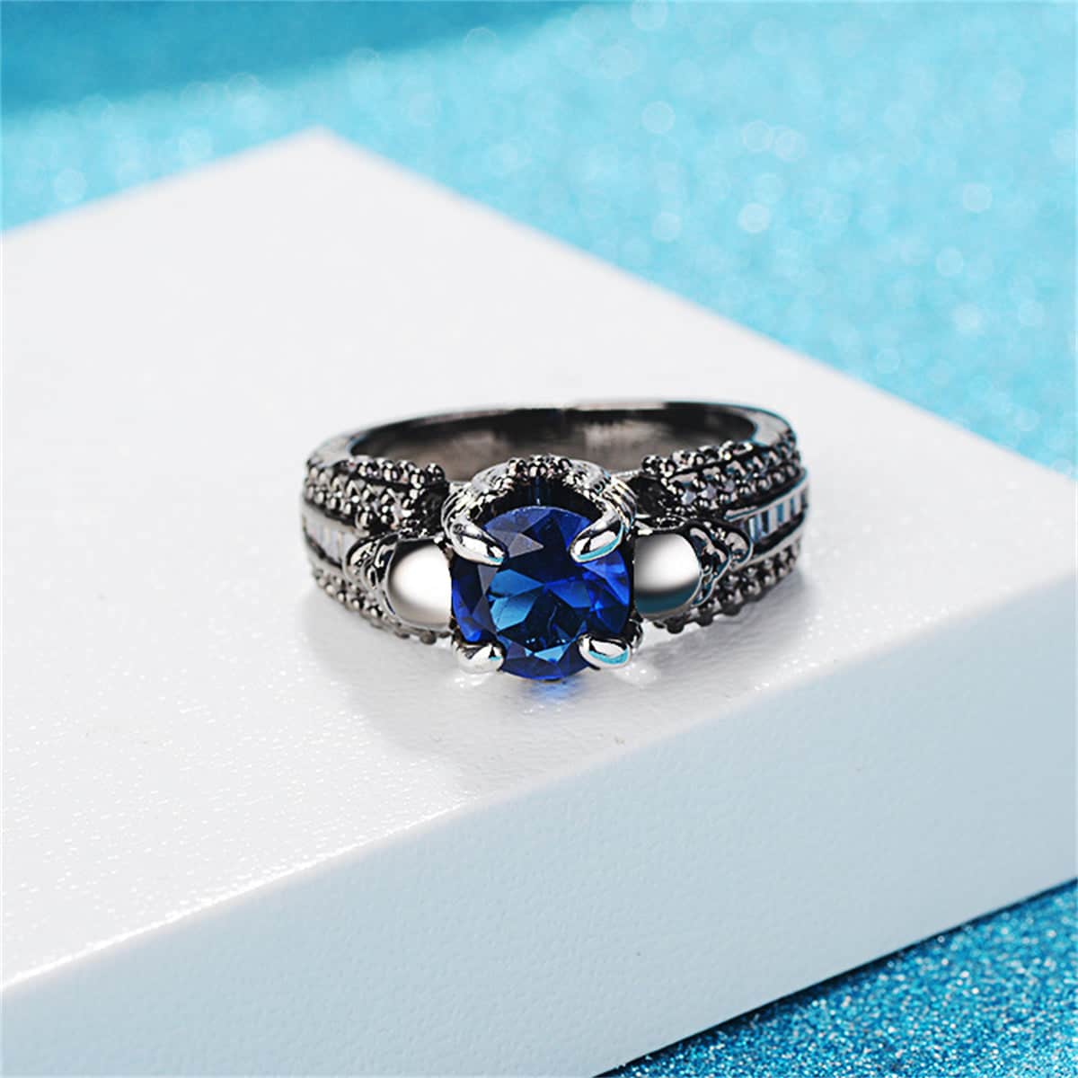 Blue Crystal & Cubic Zirconia Skull Ring-5