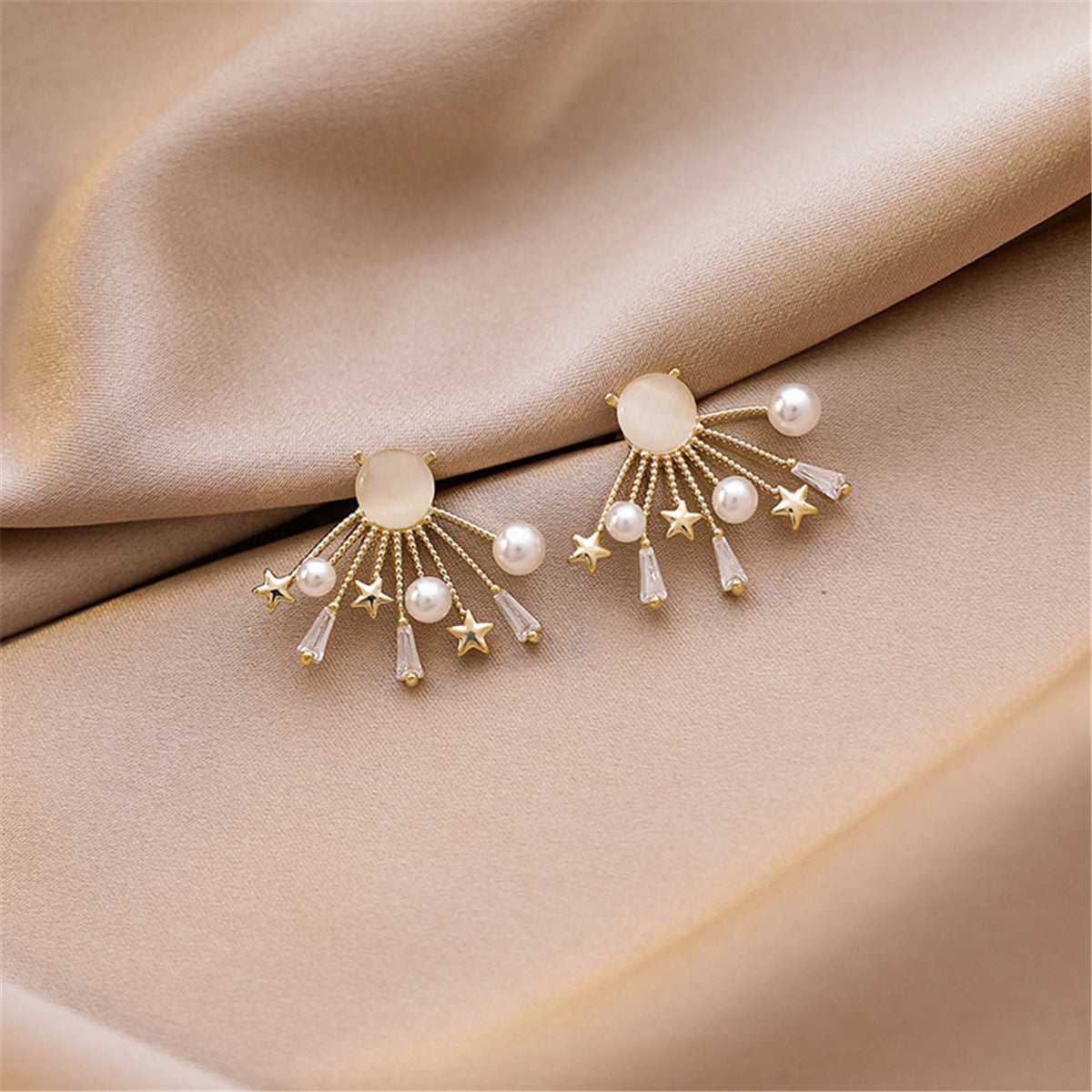 Cats Eye & Pearl Goldtone Star Stud Earrings