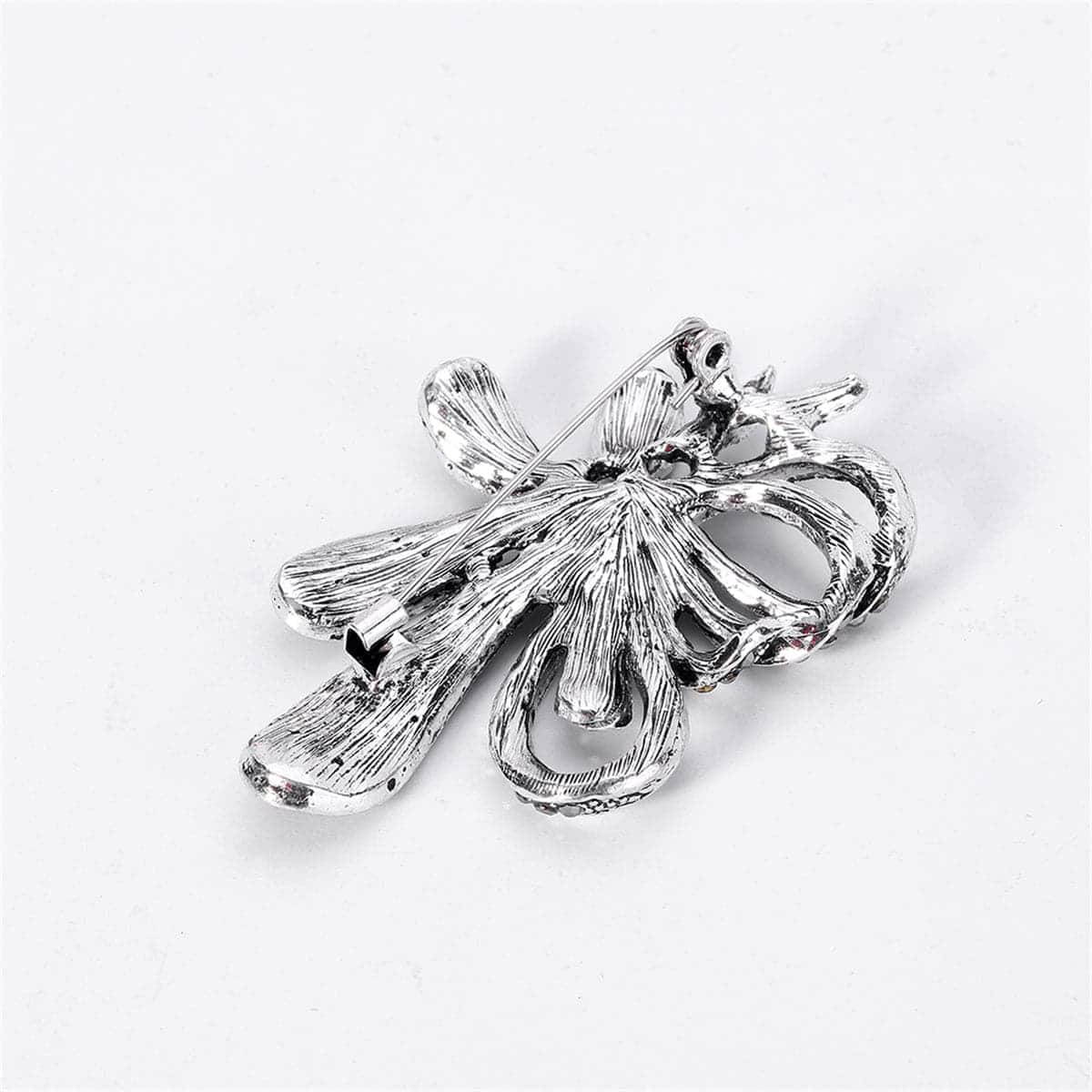 Black Cubic Zirconia & Silvertone Flower Brooch