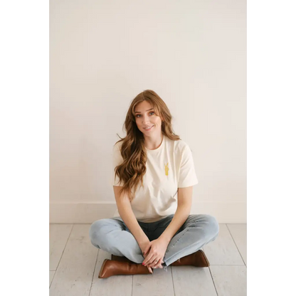 Good Vibes Peace Embroidered Tee in Cream