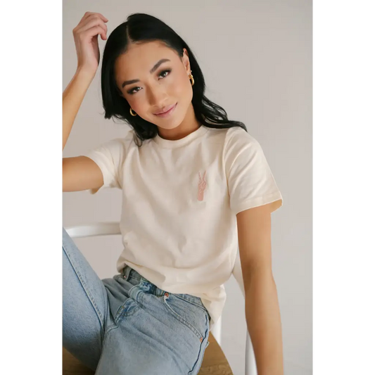 Good Vibes Peace Embroidered Tee in Cream