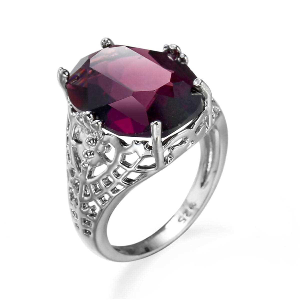 Purple Crystal & Silvertone Filigree Band Oval Ring