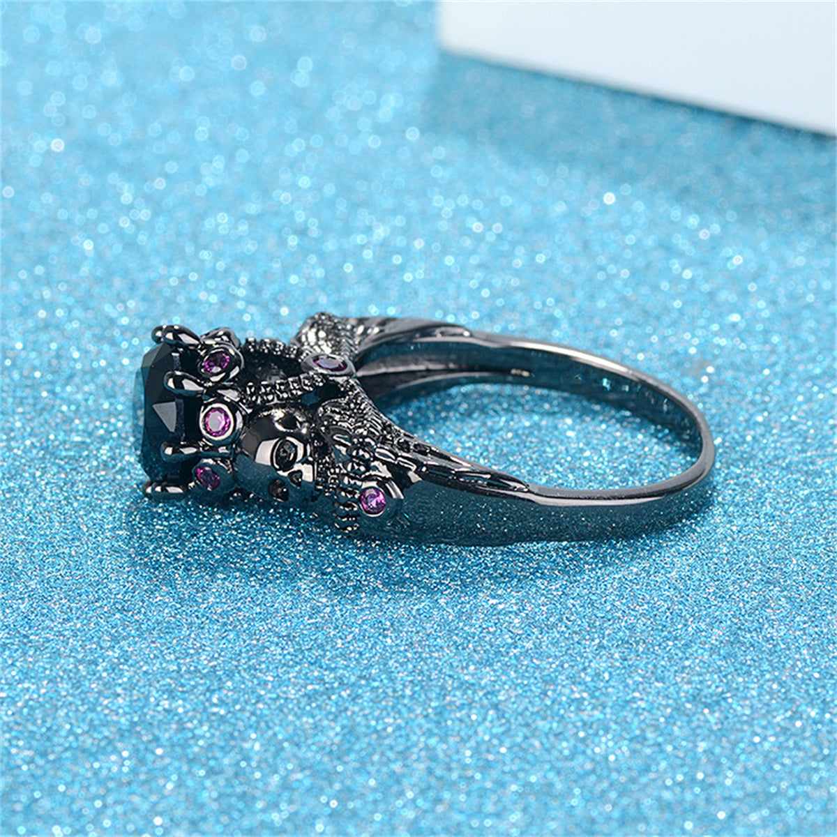 Black Crystal & Cubic Zirconia Skull Ring-6